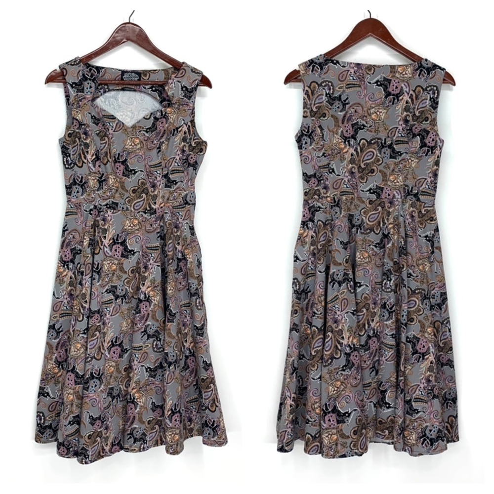 Elephant Paisley Abstract Print Vintage Heart & Roses Sleeveless Swing Dress